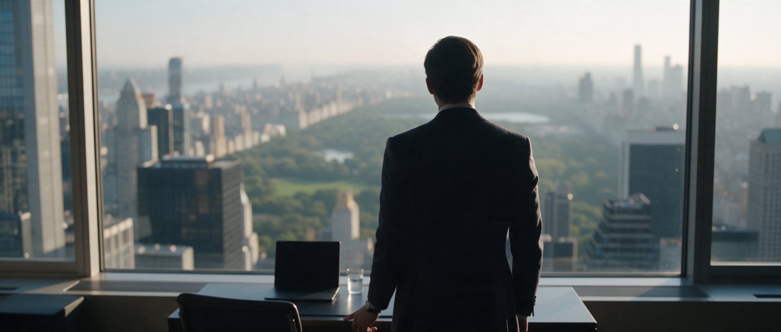 A man in a dark suit, seen from behind, looks out from a high window over a city park