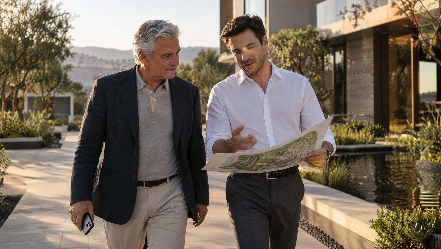 An older man and a younger man walk together outdoors, looking over a plan of the place being built